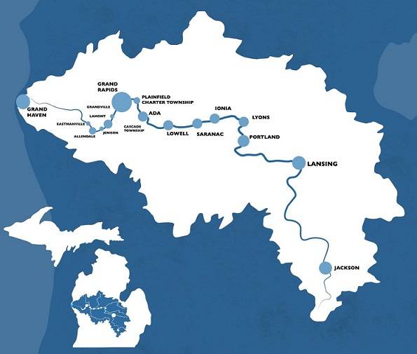 A map of the Grand River in Michigan